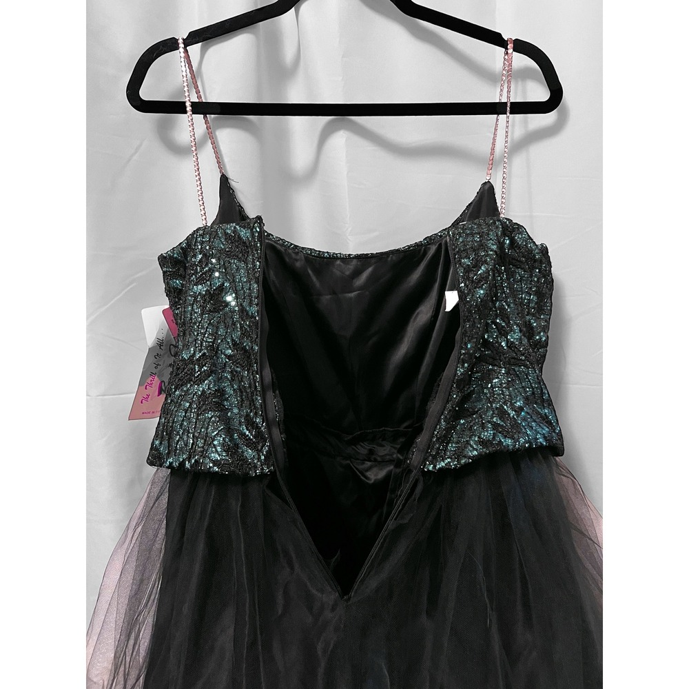 Vintage 90s Bari Jay Sequin Tulle Ball Gown Teal Black Prom Formal Dress Sz 3/4 - Picture 4 of 14